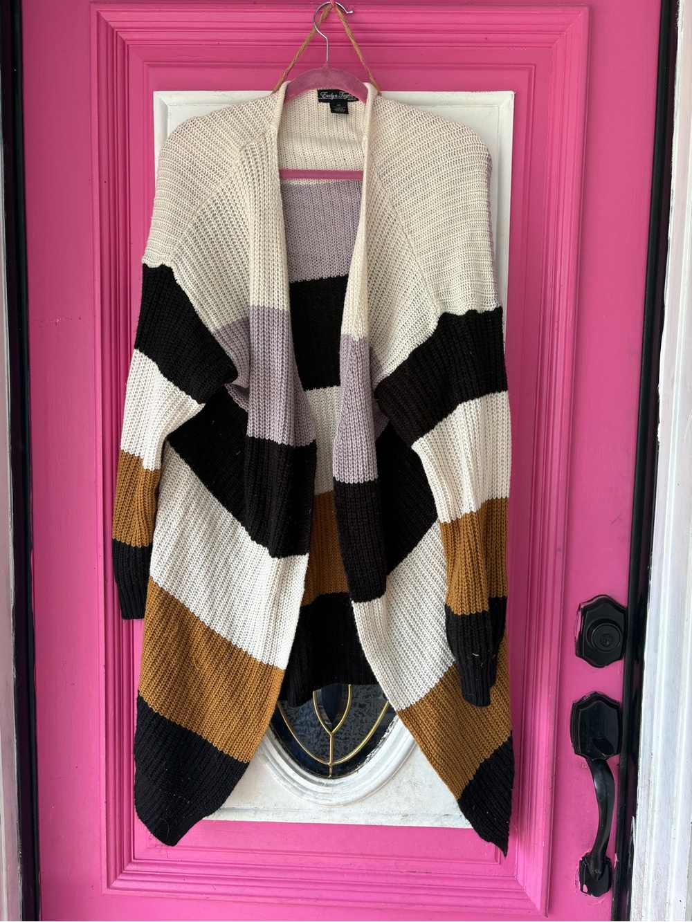 Carolyn Taylor Cream Black and Brown Striped Open-Front Cardigan